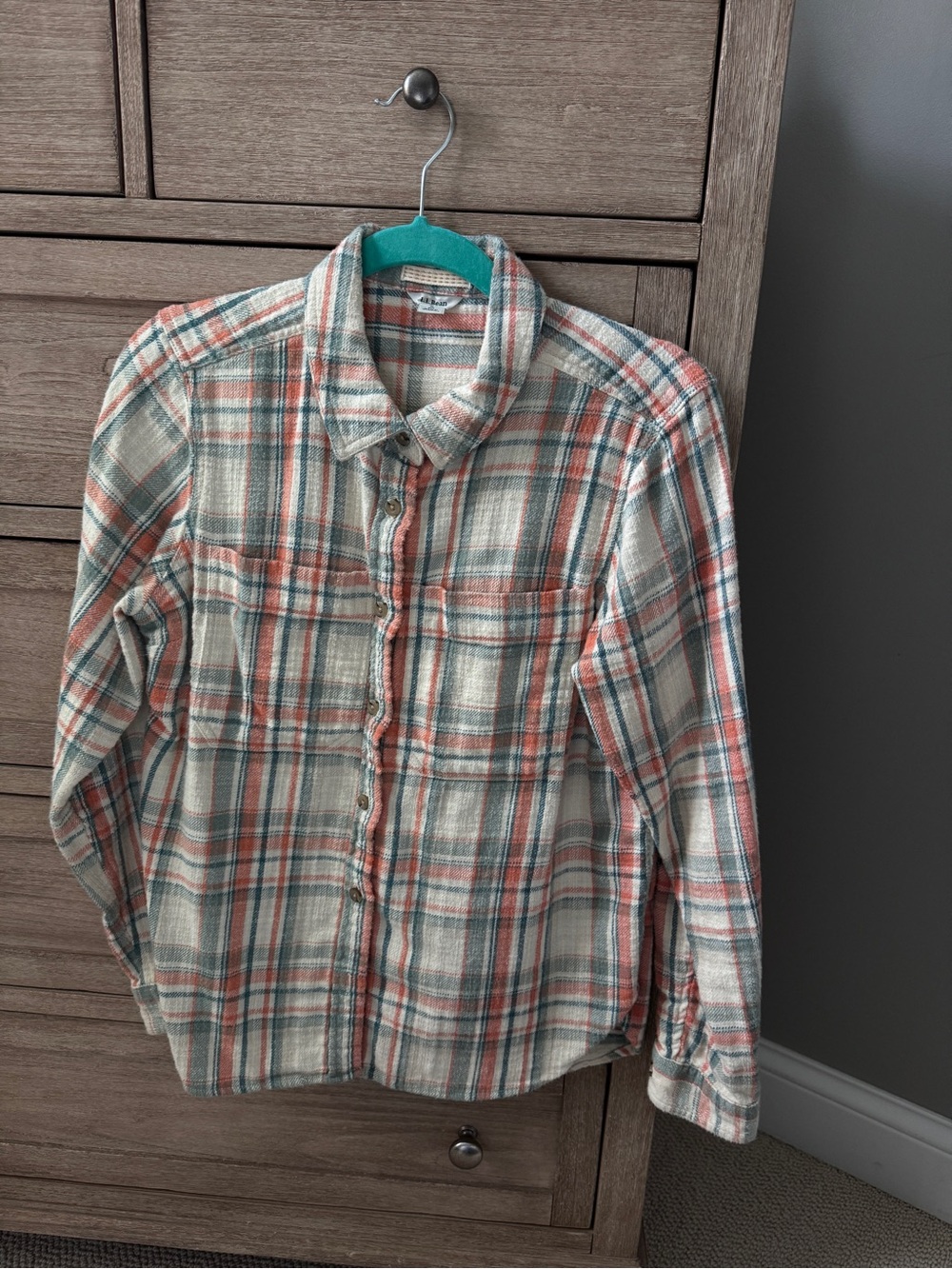 L.L. Beans Green and Coral Plaid Women’s Button-Down Flannel Shirt
